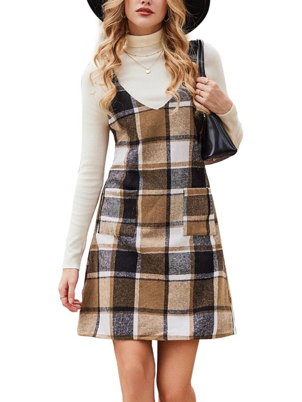 Plaid Pinafore Mini Dress Front Patch Pockets Wide Straps Fall Dress